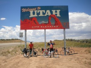 Me crossing into Utah from Colorado, and (right) Geordie from BUSMS.